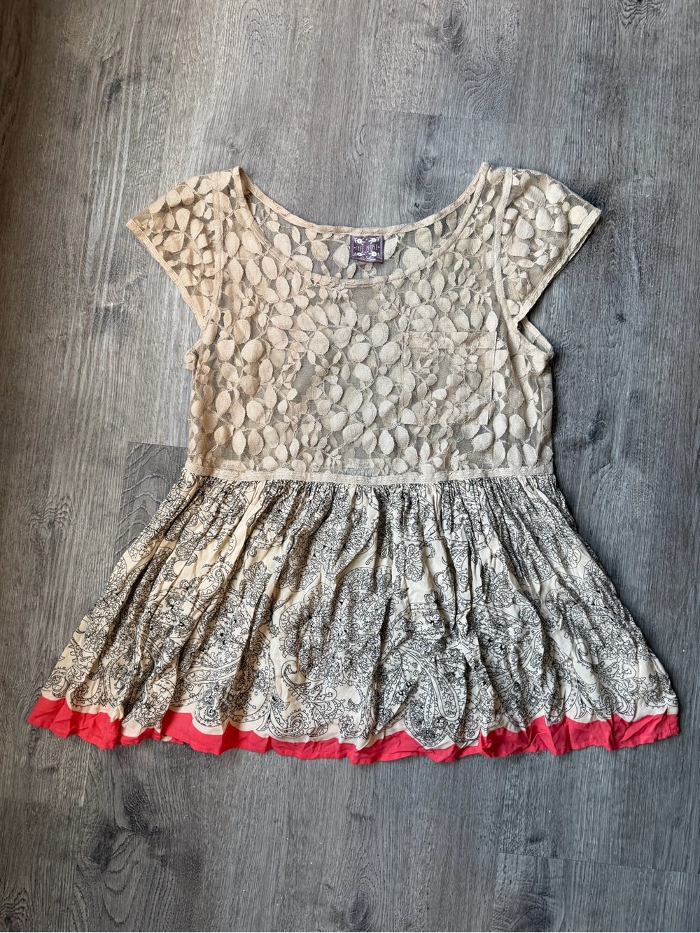 Free People Vintage The Originals Lace Paisley Mixed Print Babydoll Top M